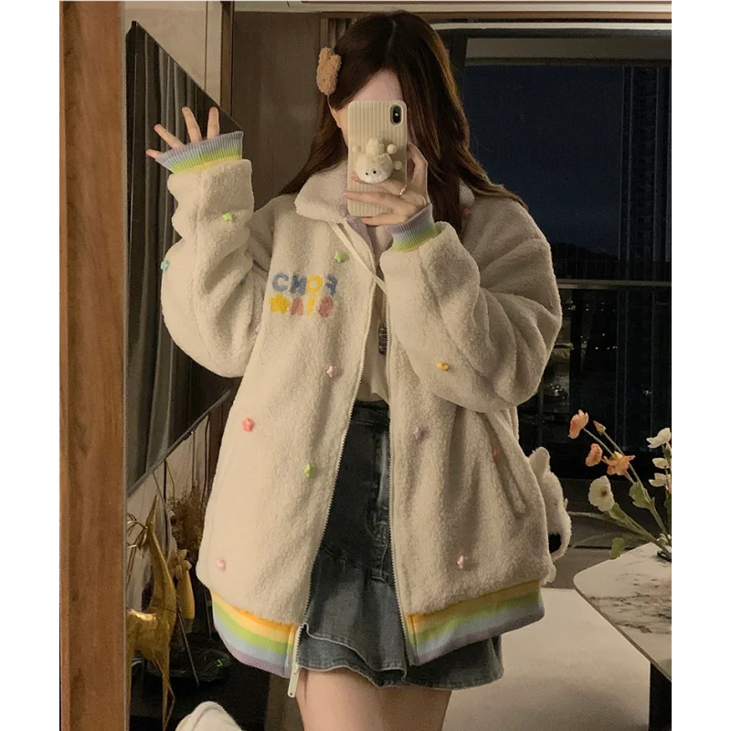 White Women Clothing Outerwear Top Lambhair Jackets Fashion Streetwear Y2K Style High Street American 2023 Winter Female Coat