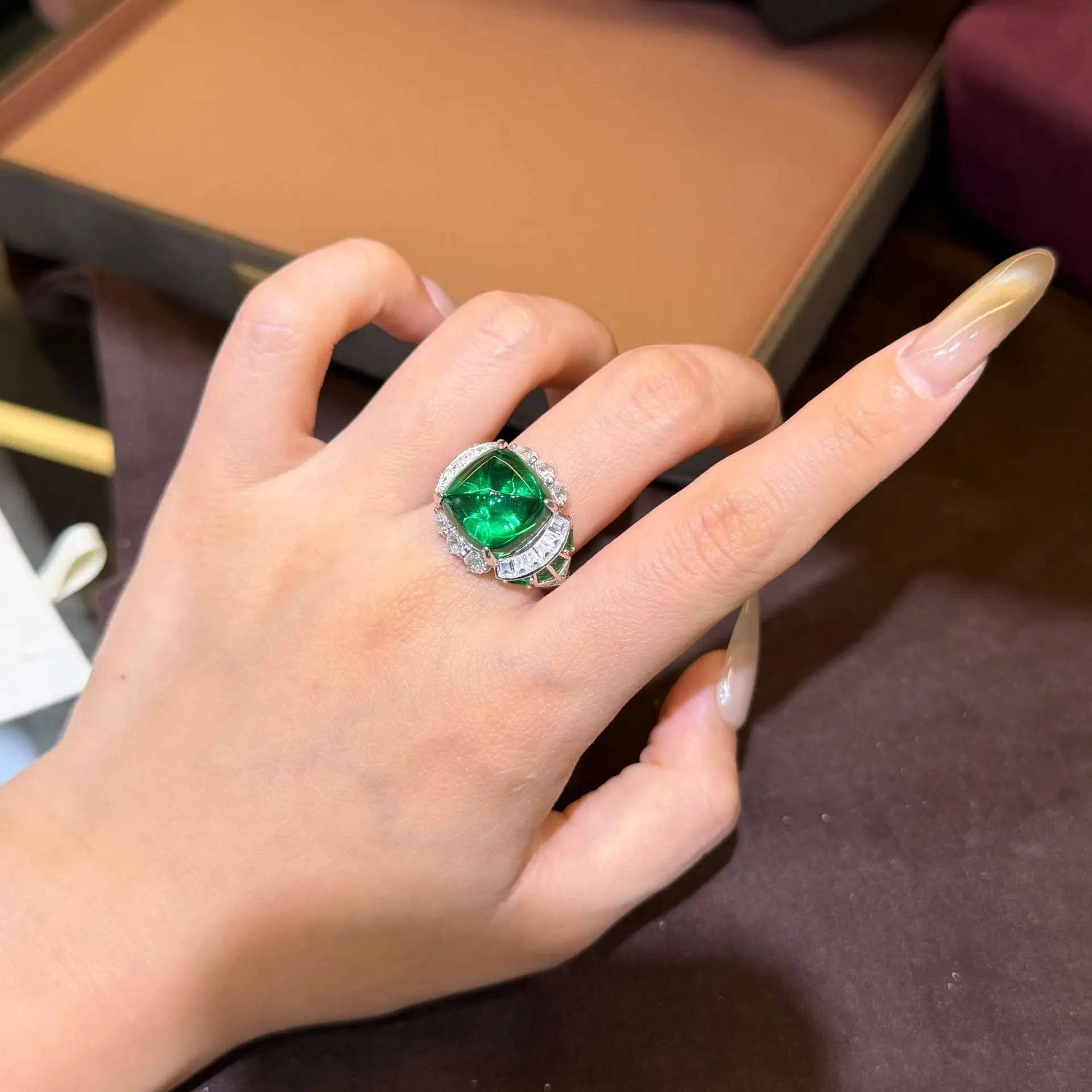 Lab-Grown Green Sugar-loaf Cut Statement Ring Fine Jewelry 925 Sterling Silver Luxurious Engagement Daily For Men And Women