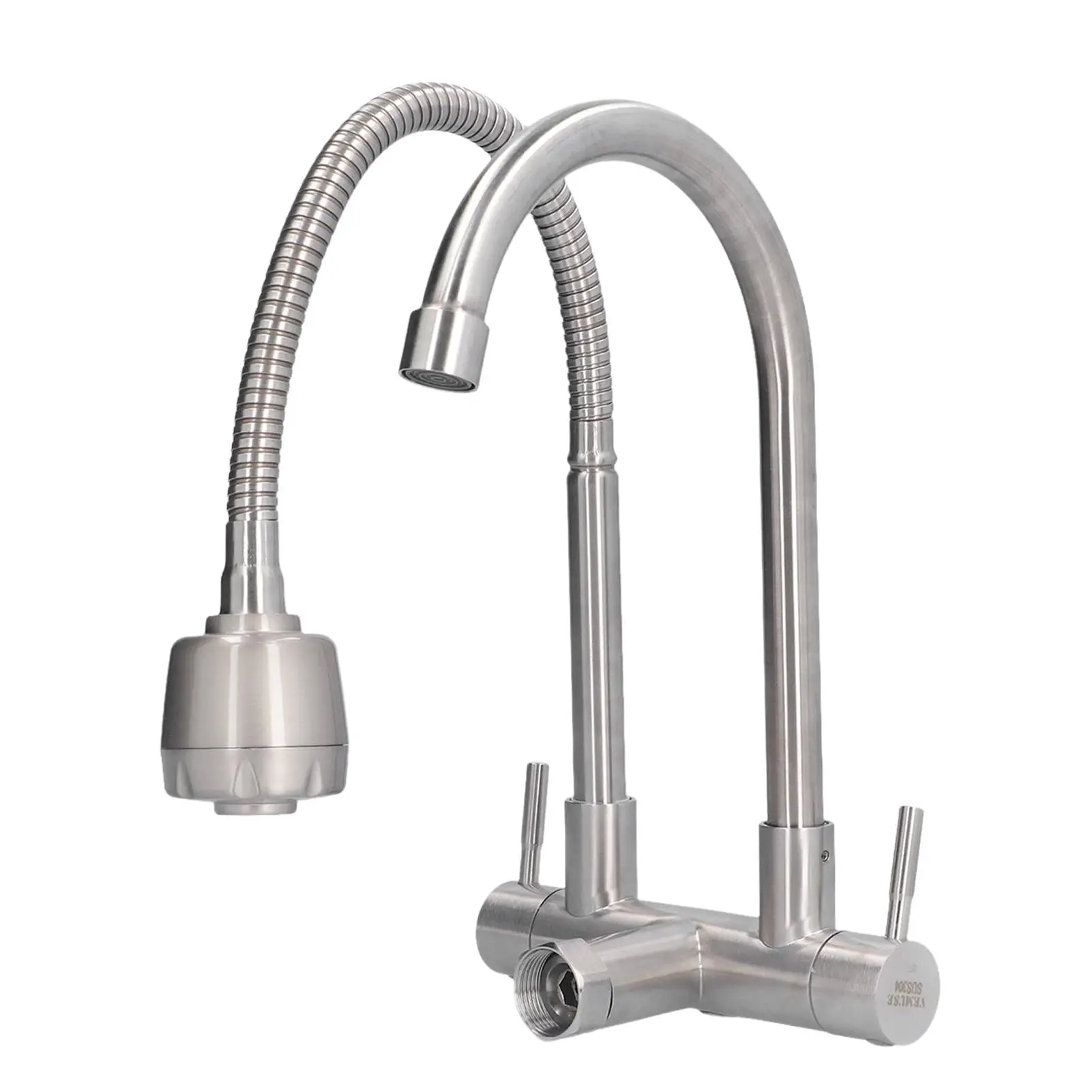 Stainless Steel Wall Mounted Double Head Sink Faucet 360° Rotation Cold Water Tap