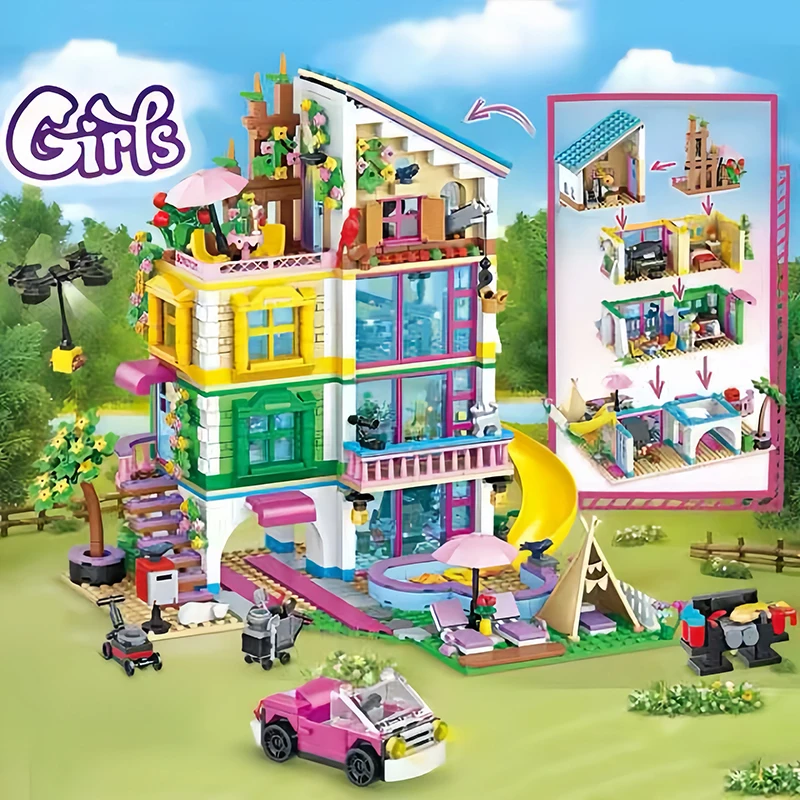 1310-teiliges Herzförmiges Pool-Villa-Baustein-Set – DIY 4-stöckiges Haus-Schwimmbad-Modell, Kreatives Spielzeug-Geschenk für Freundinnen