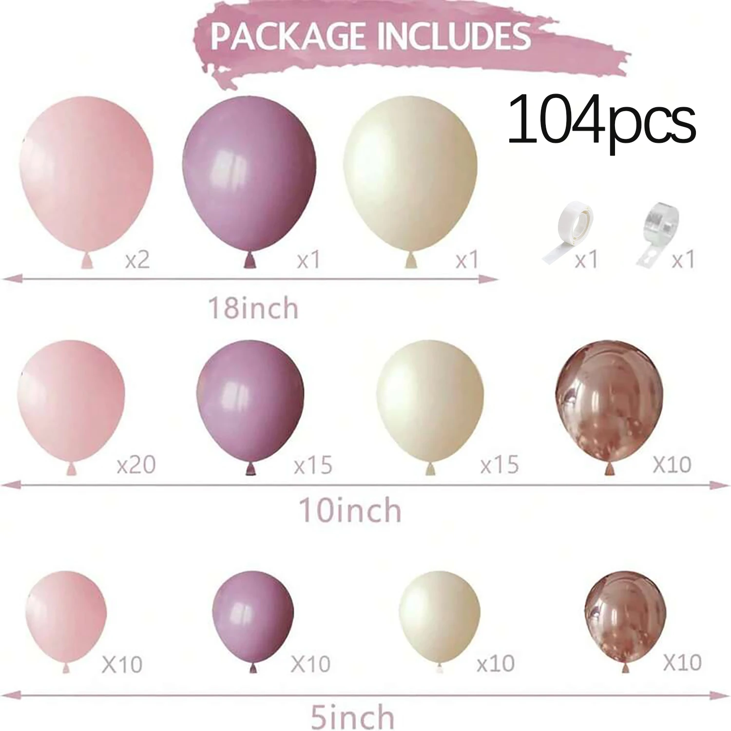 104PCS Pink and Purple Latex Balloon Garland Set, Suitable for Wedding Season, Birthdays, Pop Parties, and Bridal Showers