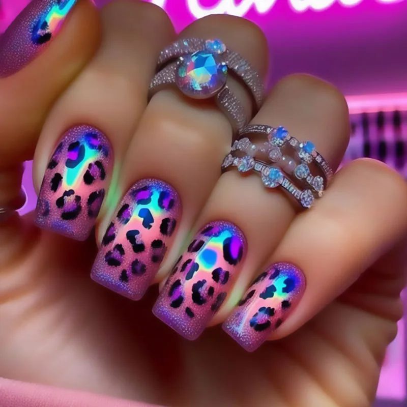 

24Pcs Long Square Press on Nails - Hot Colorful Leopard Print in Purple Holographic | Unique Y2K Style Fake Nails