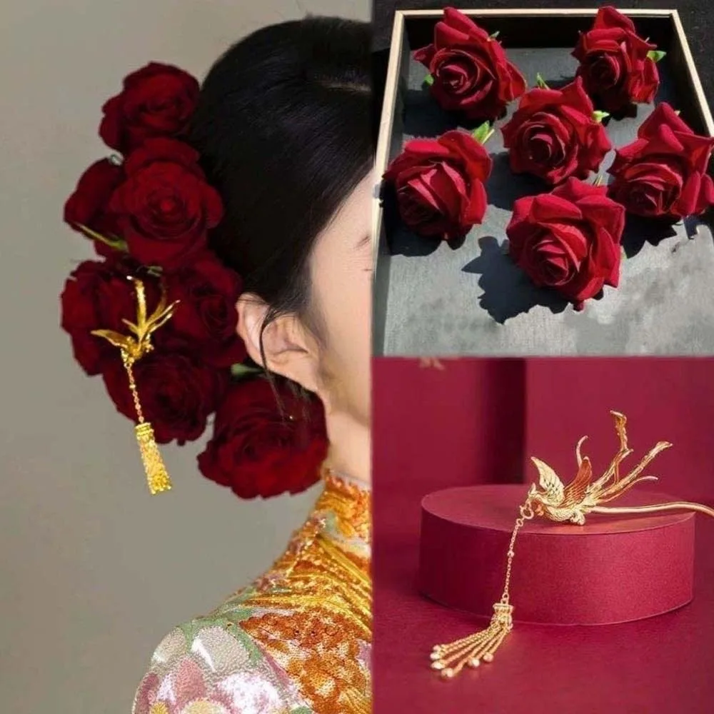Horquillas para el cabello con diseño de rosa, estilo chino, con fénix dorado de tela, tocado rojo oscuro, pinzas laterales con flor para novia, para regalos