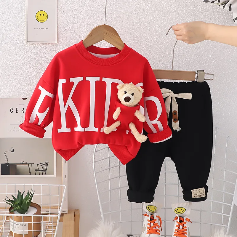 Boys Clothes Set Spring Autumn Children Casual Sweatshirts Coats Pants 2pcs Suit Kids Cute Hanging Bear Hoodie + Trousers Outfit