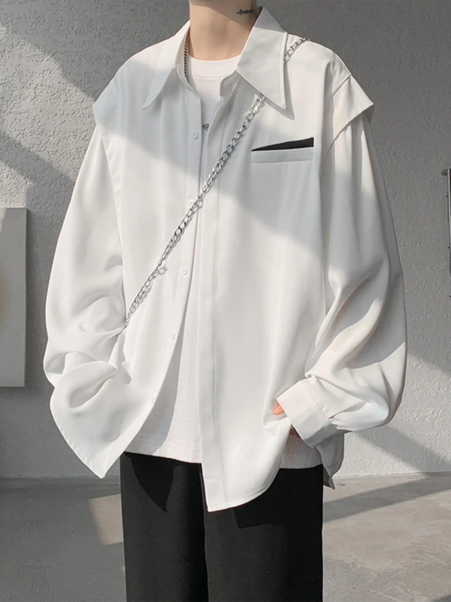 Black Shoulder Pad Long Sleeve Men's Shirt American Trendy Splice Outerwear Casual Loose Fit Premium Shape Teen Autumn Wear