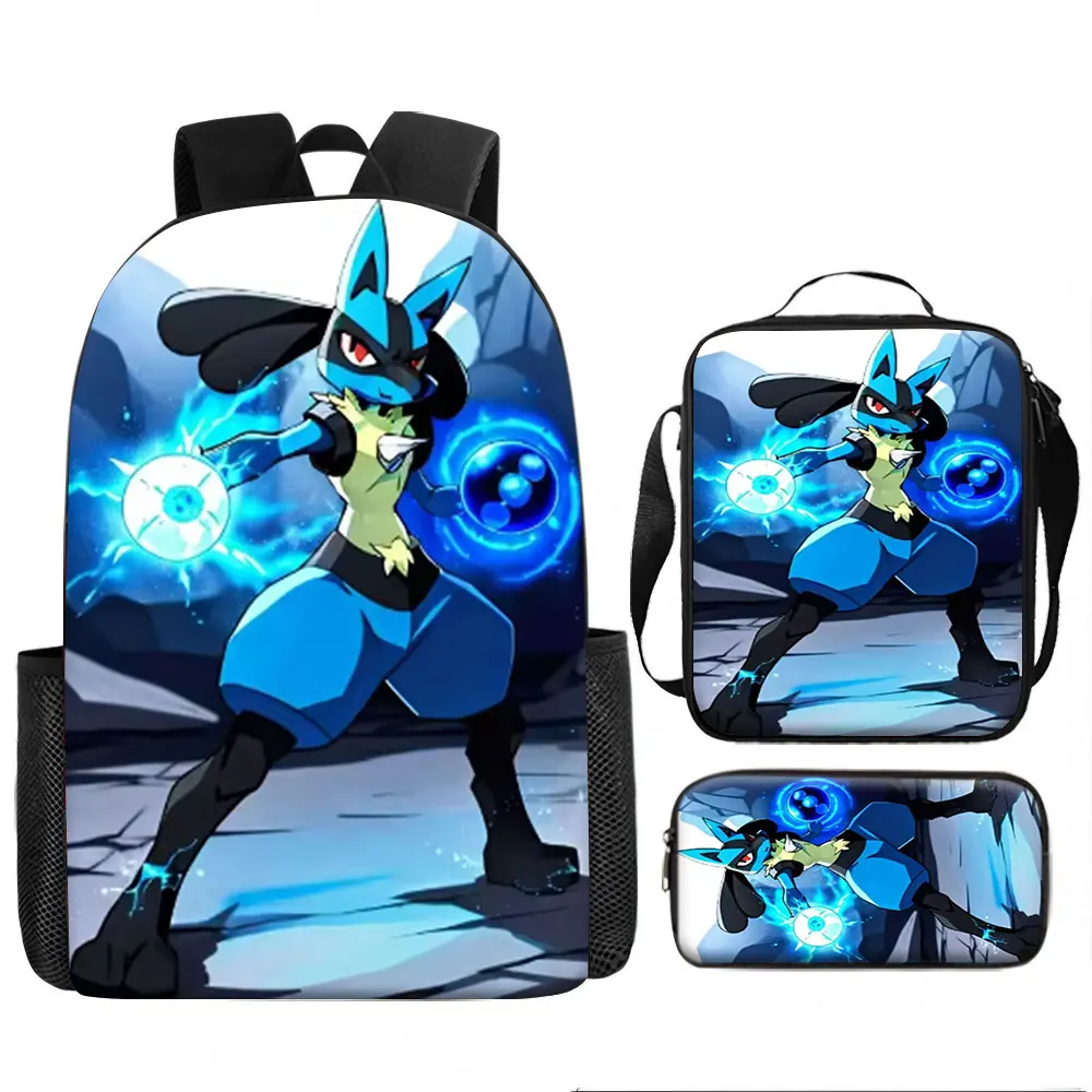 Kids Bag Pokémon Lucario 3pcs Backpack Set Anime Print Breathable Shoulder Bag Lunch Box Pencil Case for Boys Girls School