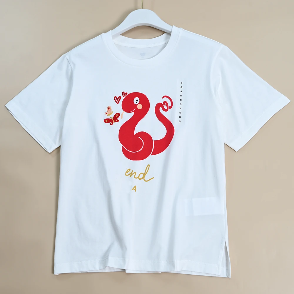 

Summer New Women's Letter Print Cartoon Snake Pattern round Ne Cotton ort Sve T-irt Comfortable Breathable Casual Top