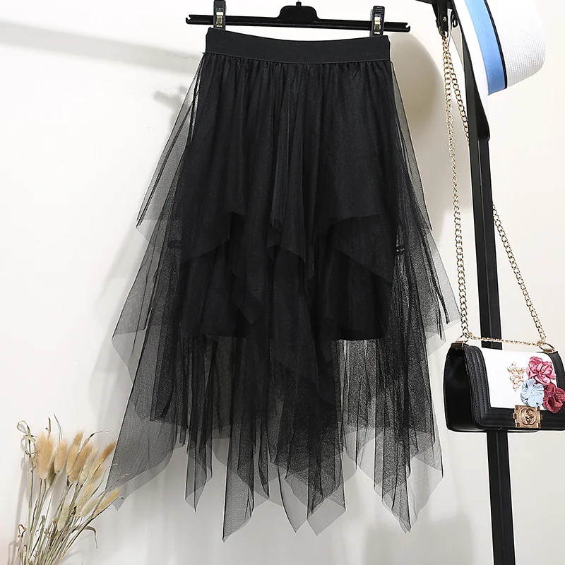 

Women Cake Skirt Irregular Fluffy High Waist Gauze Ladies Skirts Summer Korean Tulle Skirt New Clothing Streetwear