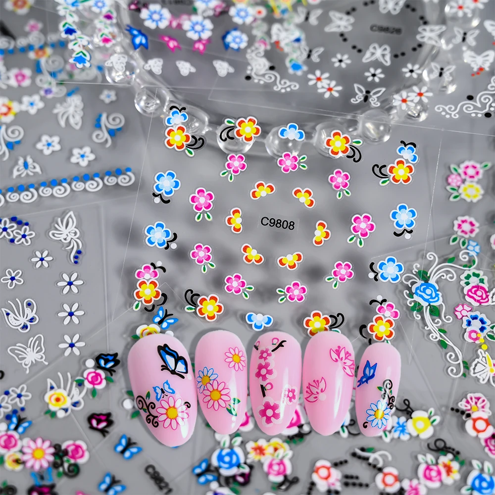 30 stuks kleurrijke vlinder/bloemen nail art stickers 5.5. *6,5 cm goud/zilver bloemen zelfklevende schuifregelaar schattige bloem manicure sticker