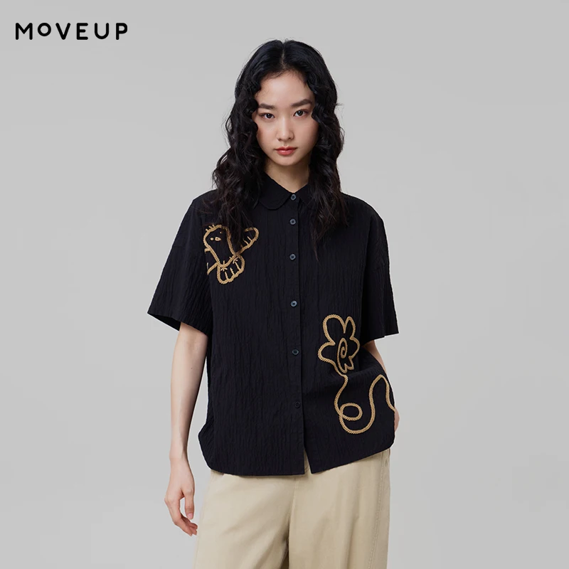

MOVEUP Oversize Short Sleeved Peter Pan Collar Shirt 2026 Summer New Floral Embroidered Casual Commuting Top For Women 3ELX20406