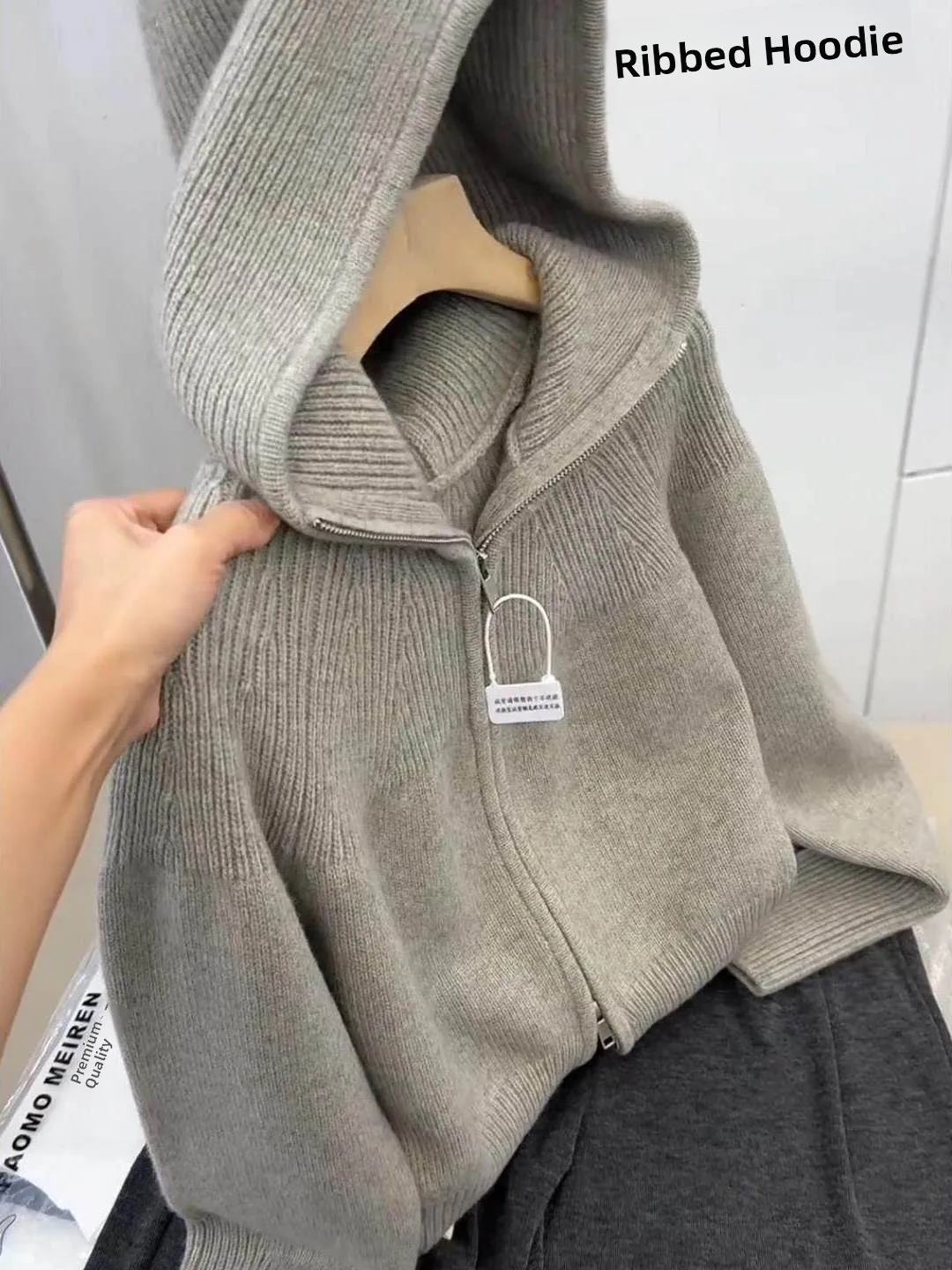 

Женский серый вязаный кардиган свободного кроя с капюшоном, на двойной молнии, с открытым передом, удобный, теплый, с длинными рукавами, для повседневной носки