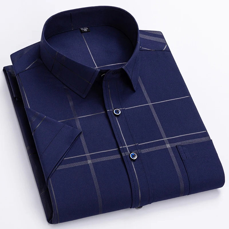 

Summer Short Sleeve Shirts for Men Gold Stamping Plaid Polyester Non-iron Wrinkle-resistant Business Casual Fashion Top Shirts