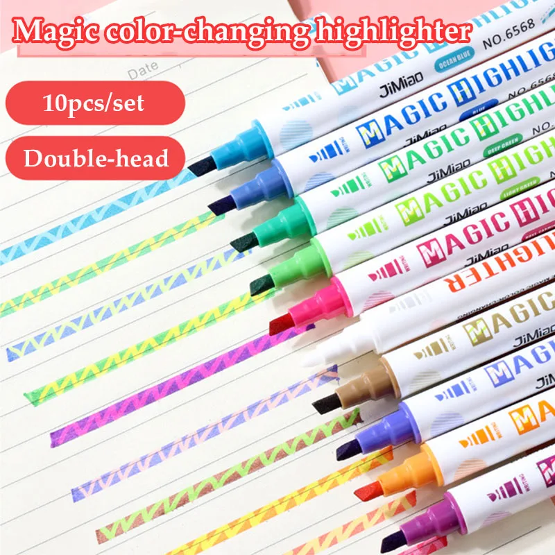 

10 Colors/box Double Headed Highlighter Pen Kawaii Magic Color Changing Erasable Markers Pen Painting Graffiti Art Stationery