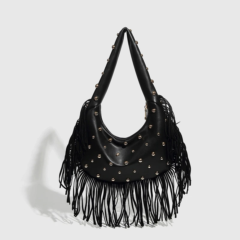 حقيبة هوبو كلاسيكية للنساء من الجلد النباتي تحت الإبط حقيبة يد مع تصميم مرصع بشراشيب حقيبة كتف كاجوال للاستخدام اليومي