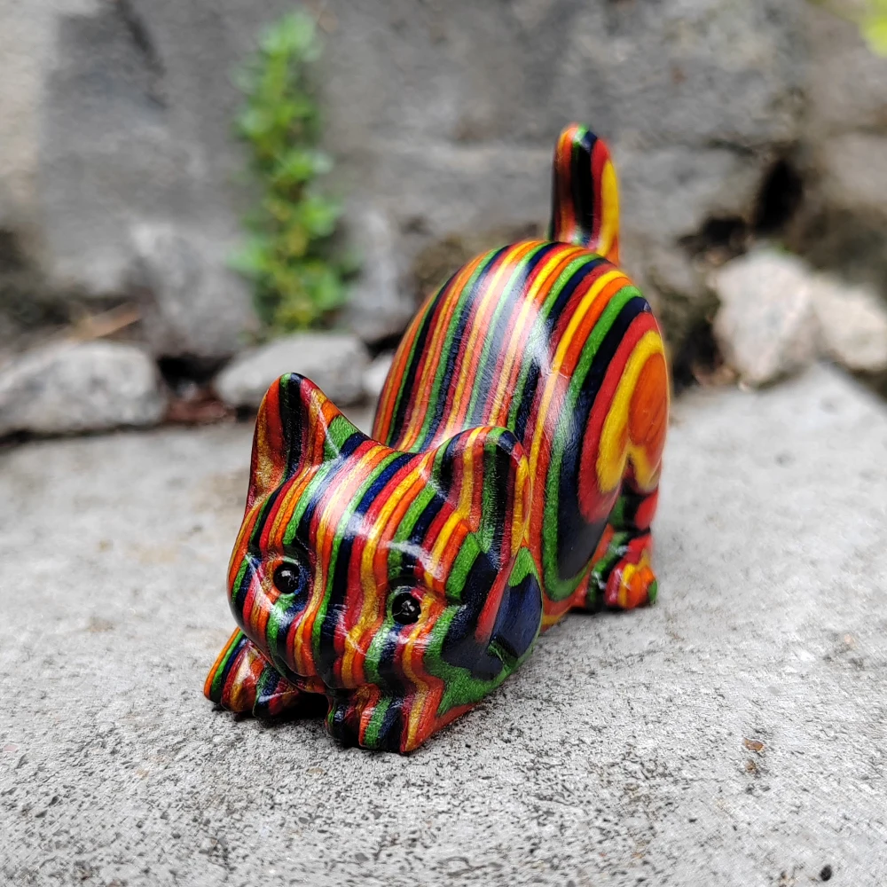 1.7 Inch Colorful Wooden Cat Figurine Ornament, Hand-Carved, Modern Style, Suitable for Living Room, Halloween Decorations, Party Decorations, Fireplace, Indoor Decorations, Bedroom, Office, Men's Gift