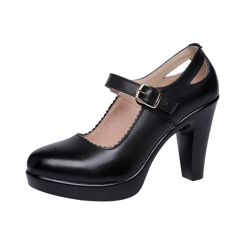 Big Size 32-43 Block Heel Platform Shoes Women Pumps 2024Black Mary Janes Soft Leather High Heels Office Party Dress Shoe