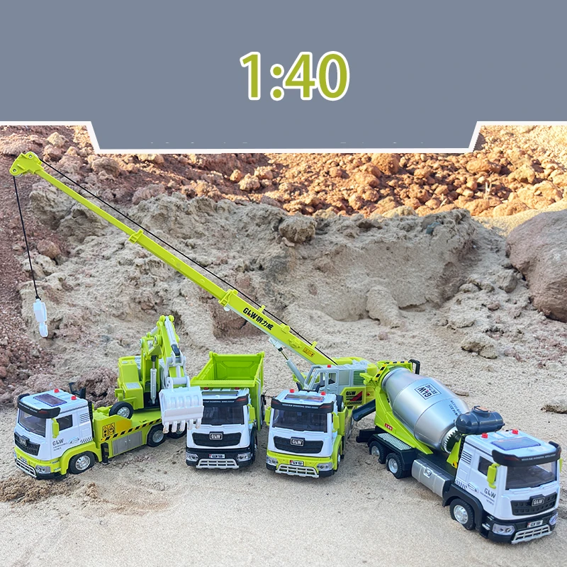 1:40 5 Styles Green Vehicle Pullback Light and Sound Diecast Crane Engineering Truck Construction Alloy Toys for Children Gifts