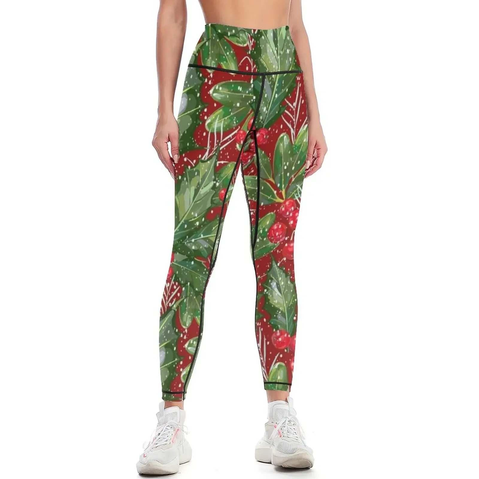 

Festive Christmas Snow Holly | Red Leggings joggers for Training pants Pants sport Women's trousers Womens Leggings