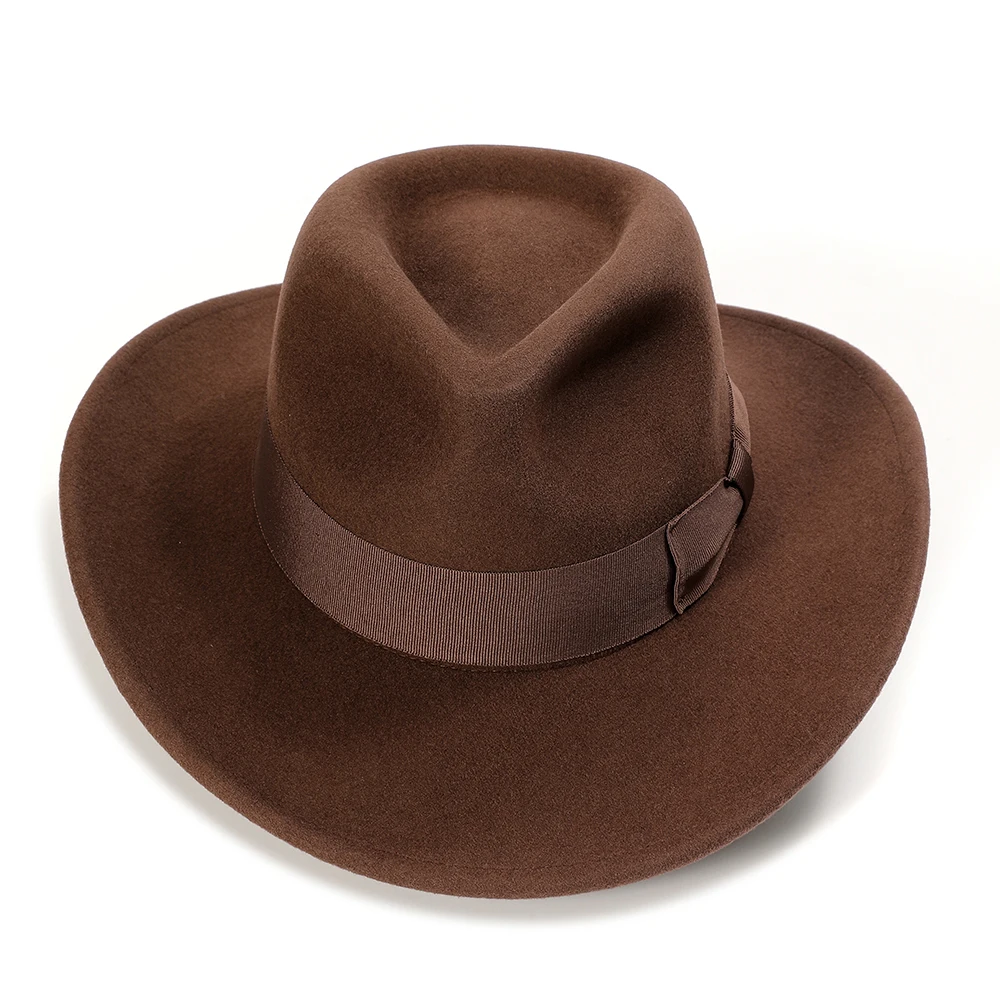 Brown Wool Felt Indiana Jones Hat for Men Crushable Outback Hat Cowboy Fedora Large Size