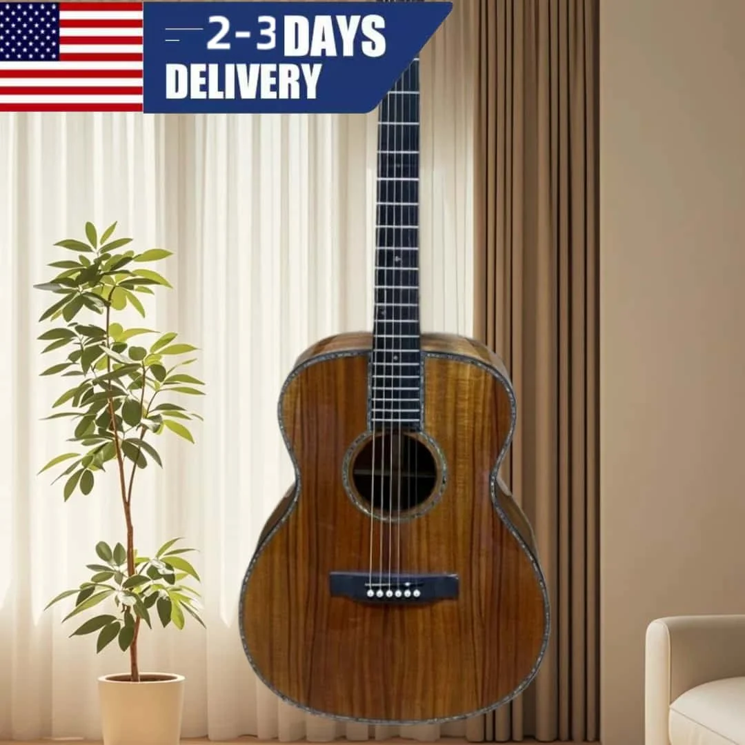 

Upscale 6-String OM Auditorium Acoustic Guitar, All Solid Koa Construction, Natural Gloss Wood Finish, Ebony Fingerboard , Composite Multi-Line Binding, US Priority Warehouse Dispatch