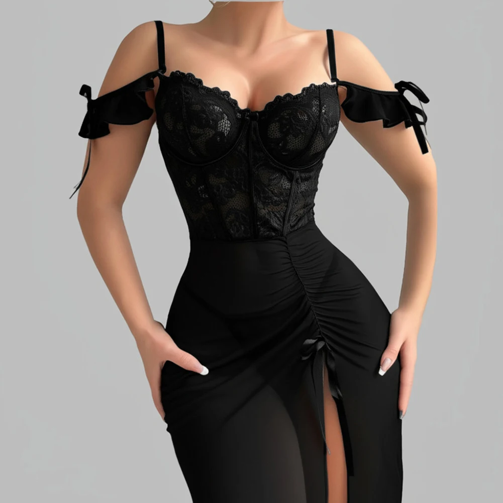 Women V Neck Spaghetti Strap Nightdress Lace Up Sleepwear Sheer Mesh Slit Sexy Lingerie Sets Nightgown Night Dresses