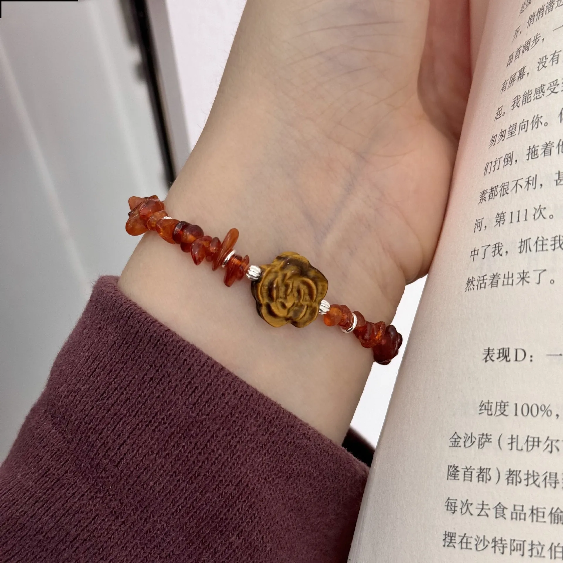 

Vintage Rose Flower Chinese Bracelet S925 Sterling Silver Fashion High Natural Stone Design Beads