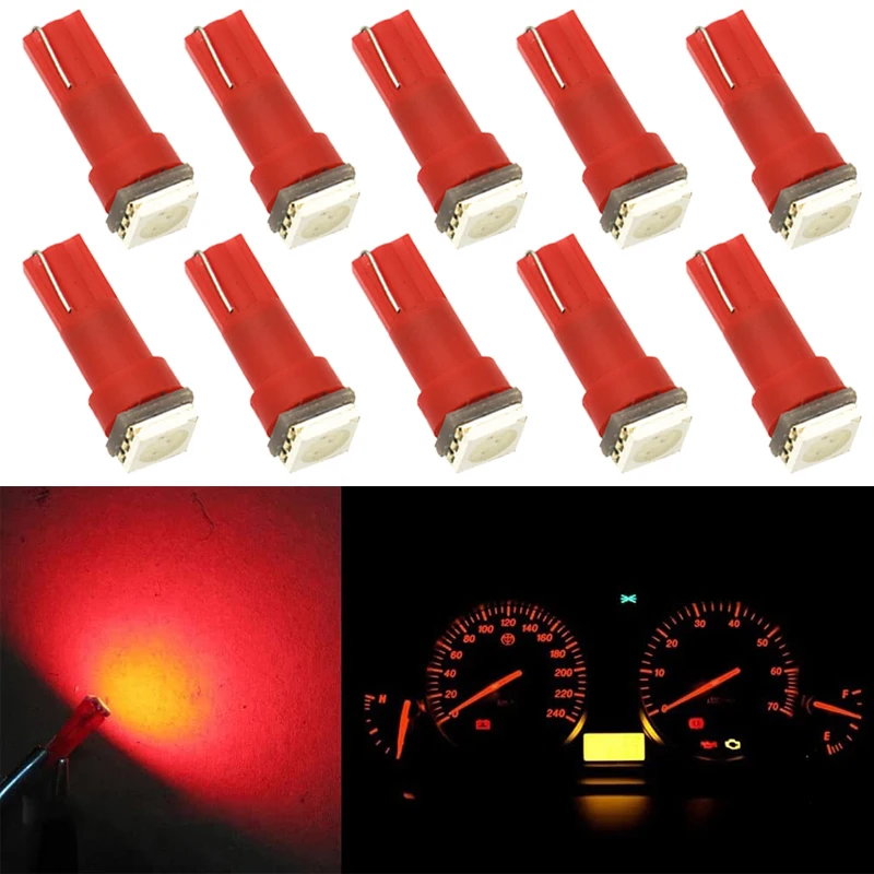 10 PCS T5 LED Bulbs Dashboard Instrument Panel Light 12V 5050 1-SMD 7000K White Car Interior Dashboard Warning Indicator Lamps