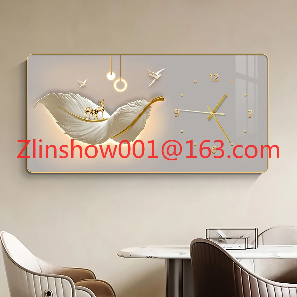 Modern Luxury Poster Printed Crystal Porcelain Painting Mural Mute Clock Feather Wall Clock Living Room Home Decoration Frame