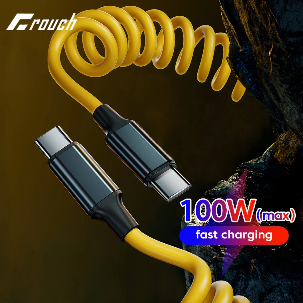 5A Car Spring Data Cable Retractable 100W Fast Charging USB C To Type C Cable for iphone 15 16 Samsung Huawei Honor Xiaomi Redmi