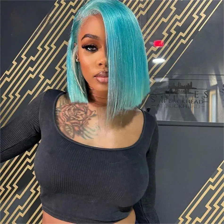 

Transparent Lace Frontal Wigs For Women Brazilian Colored Human Hair Wig Cosplay 13x4 Dark Blue Straight Short Bob Pre Plucked