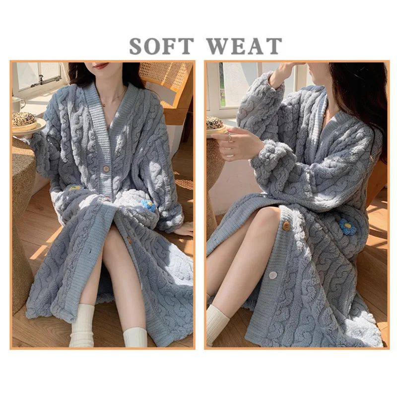 Flannel Robe Women Fleece Long Sleeve Thicken Warm Thermal Bathrobe Winter Home Clothes Long Dressing Gown Pajama Robe Nightwear