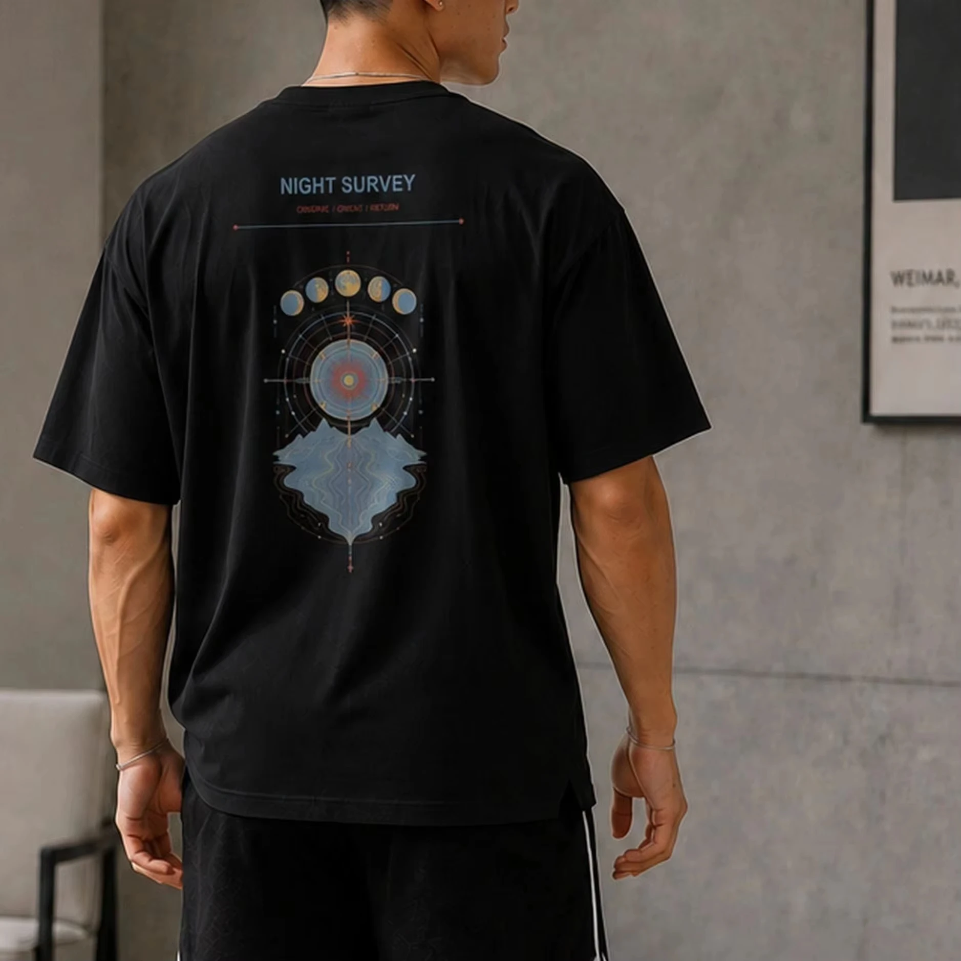 2026Men Night Survey Cosmic Star Map Graphic T Shirt Vintage Moon Phase Mountain Print Short Sleeve Unisex Casual Tee