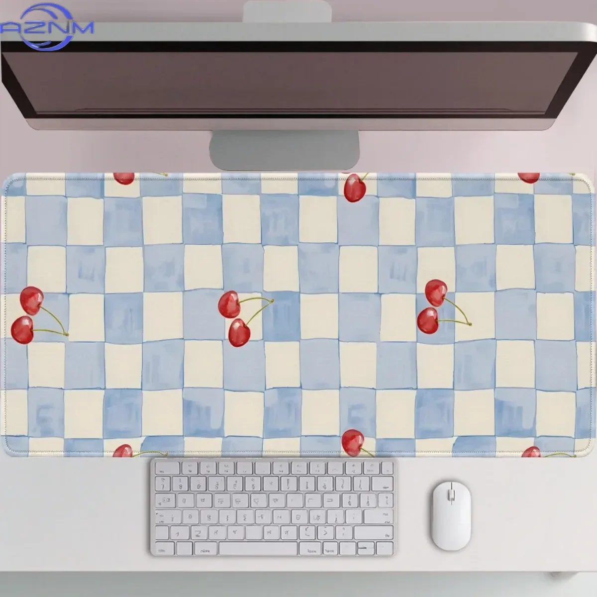 Watercolor Cherry Checkerboard Desk Mouse Pad, Blue Cream Plaid Cute Fruit Pattern Waterproof Rubber Base Aesthetic