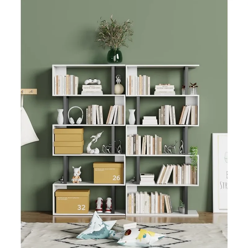 2025  5 Tier Geometric Bookcase,S Shaped Bookshelf   Display Shelves, Tall Book Shelf Unit for Living Room Bedroom, White