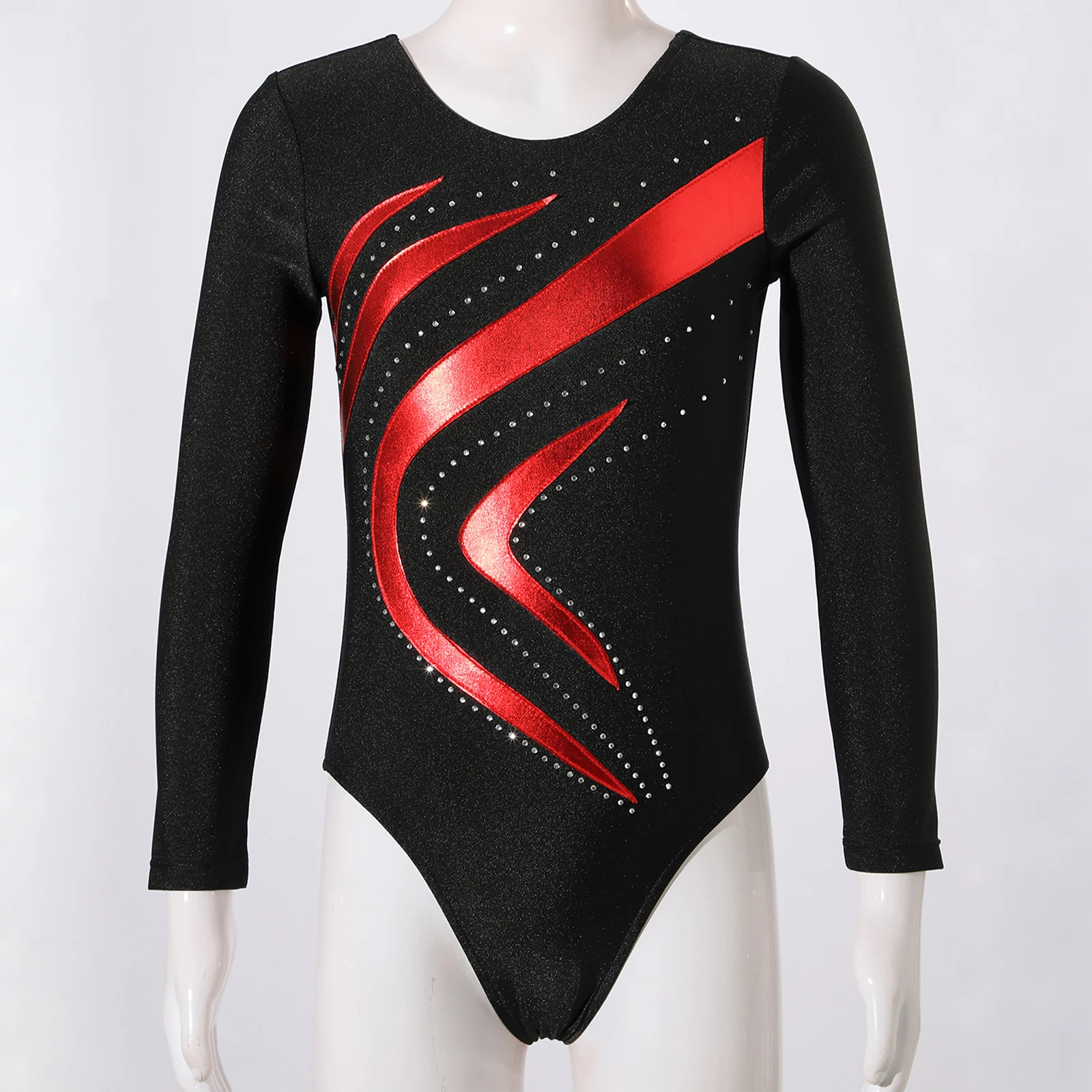 3피스 어린이 소녀 체조 댄스 복장 긴 소매 메탈릭 샤이니 레오타드+샤이니 라인스톤 메탈릭 탱크 크롭 탑+반바지