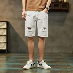 New Summer White Black Men Ripped Hole Denim Shorts Slim Casual Knee Length Short Straight Hole Jeans Shorts Bermuda for Men