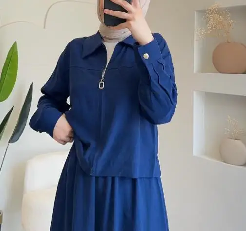 Solid Color Lapel Zipper Long Sleeved Jacket and Lace Up High Waisted A-Line Skirt Set for Autumn Women's Workwear Skirt Set