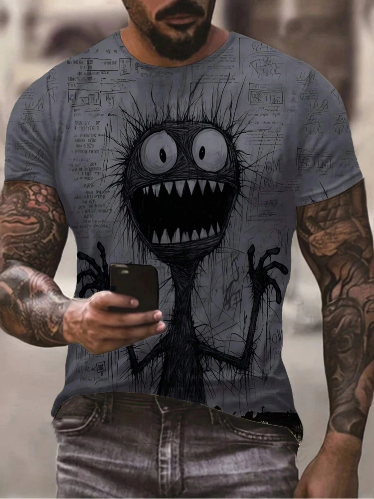 Summer Men's Fashion Short Sleeve Anime Monster Panic 3D Printed Men Loose Short Sleeve Outdoor Street Oversized T-shirt