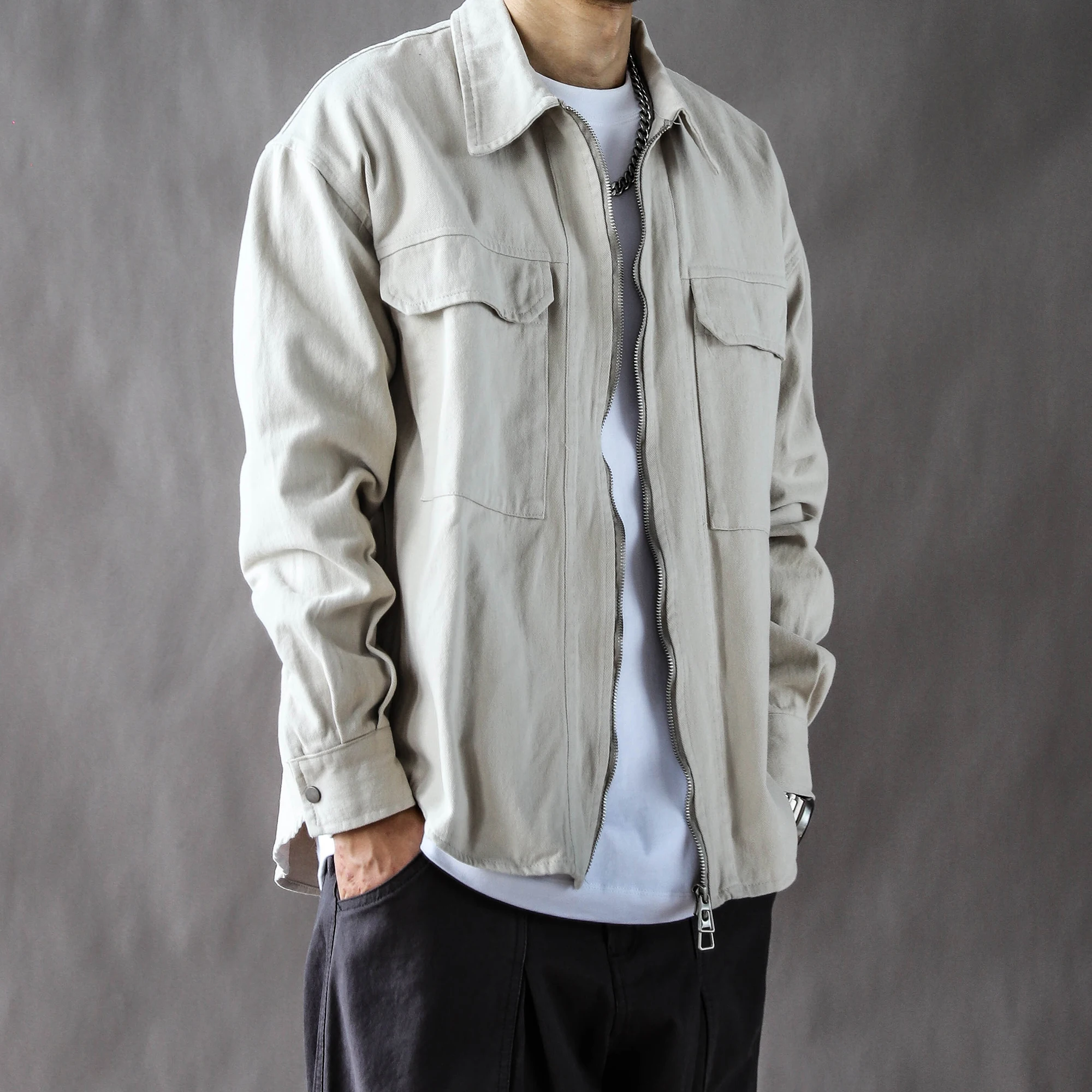 Męska kurtka w stylu retro japońskim, na wiosnę i jesień, casualowa odzież robocza, luźny krój, styl high street, biała bawełniana kurtka na zamek błyskawiczny.