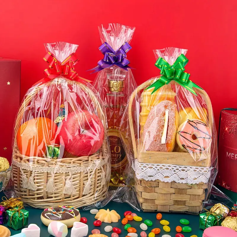 20/50pcs large clear cellophane bag with bow for basket and gift wrap christmas decoration