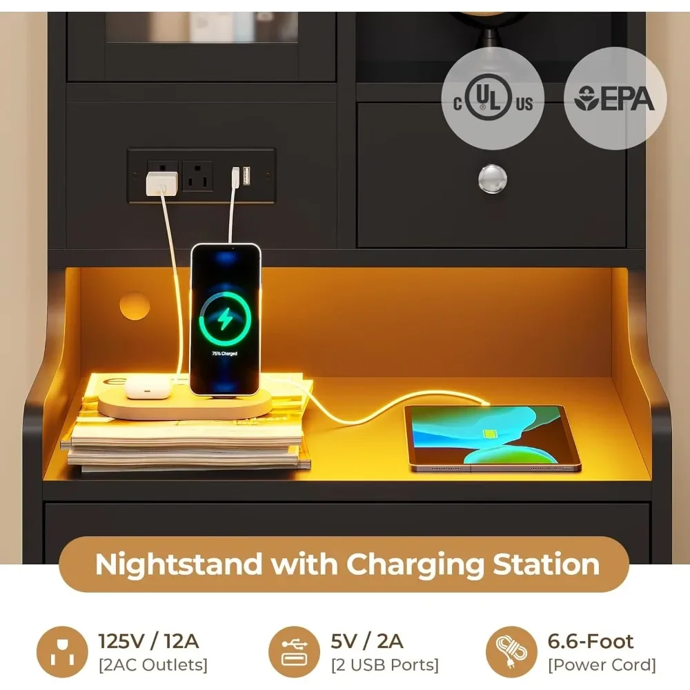 Black Night Stand   with Charging Station,49.2" LED Nightstand for Bedroom,Tall Bedside Table with Bookshelf and Drawers image 3