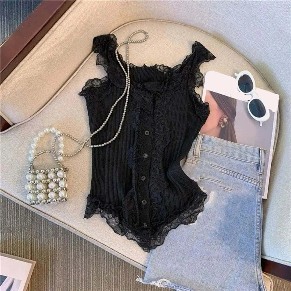 Top corto de punto de encaje Y2k para mujer, chaleco de punto de estilo coreano, camiseta interior sin mangas, camisola de verano