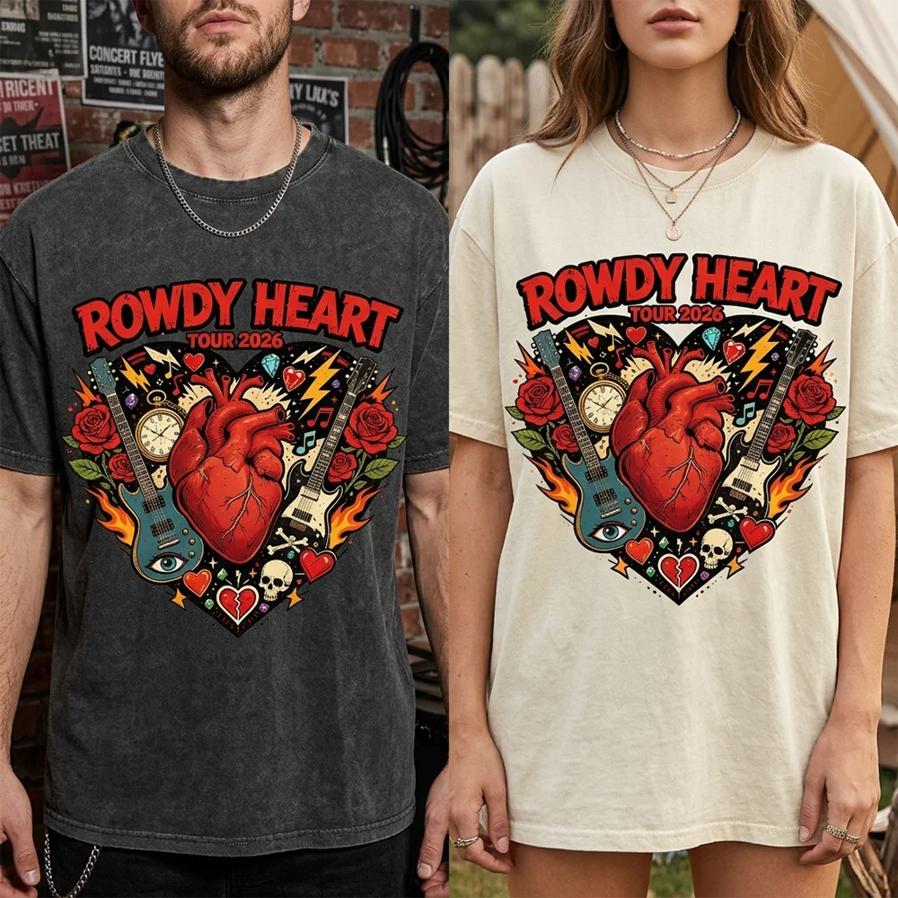 Men Women Vintage Washed T Shirt ROWDY HEART Graphic Oversized Short Sleeve Cotton Summer Casual Loose Harajuku Streetwear Tops