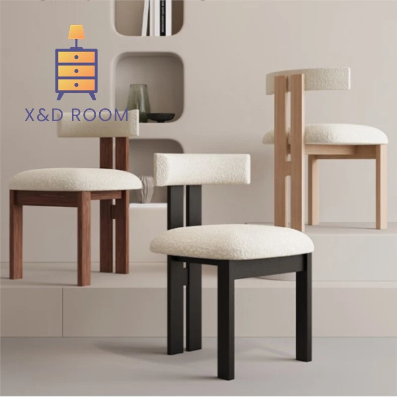 X&D Retro Solid Wood Dining Table Chair Home Desk Backrest Chair French Wabi Sabi Style Nordic Medieval Designer Makeup Chairs