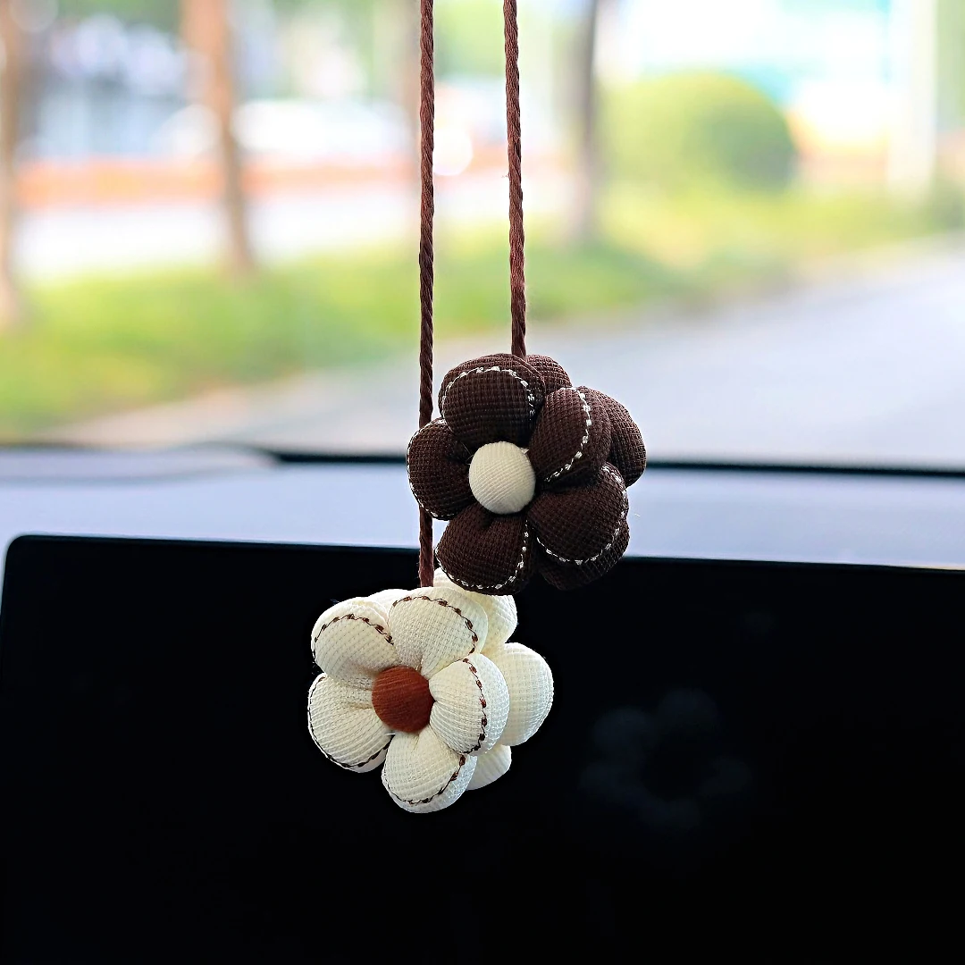 1/2PCS Trendy Fabric Floral Car Hanging Decor Handcrafted Brown & White Flower Ornament for Auto Rearview Mirror Car Accessories