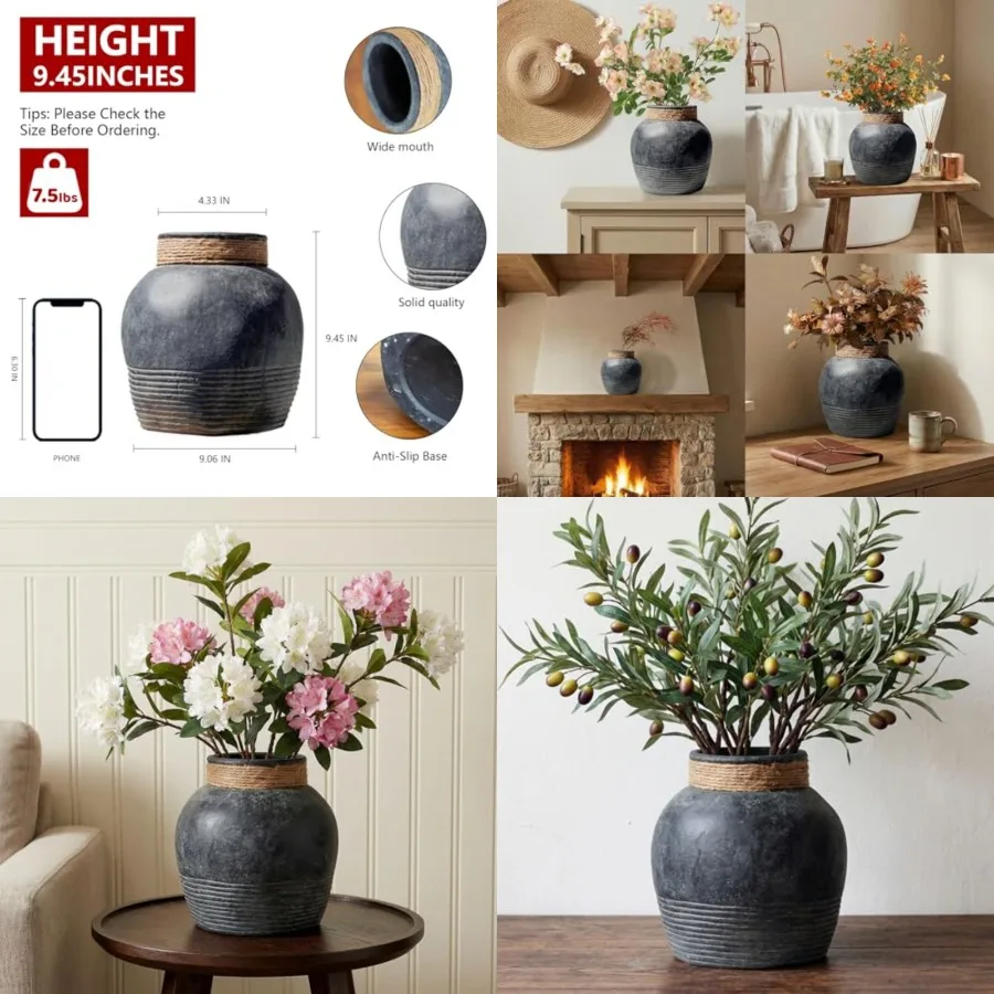 

Black Terracotta Rustic Ceramic Farmhouse Vase, 9.5" Round Flower Vase, Vintage Antique Stone Clay Handmade Distressed Decorati