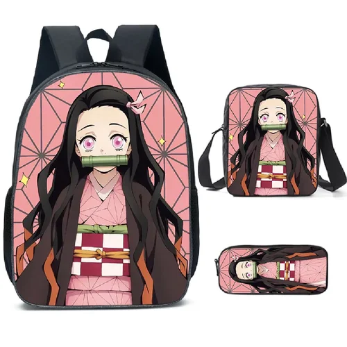 Mochilas escolares Ghost Slayer Kimetsu No Yaiba Nezuko, bolso de hombro, estuche para lápices, conjunto de 3 uds., regalo para niños, estudiantes, Mochila