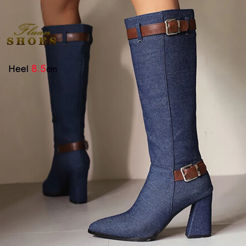 

2025 New Autumn Winter Blue Denim Women's Knight Boots Chunk Heels 8.5cm Pointed Toe Belt Buckle Side Zipper Lady Mid-calf Boots