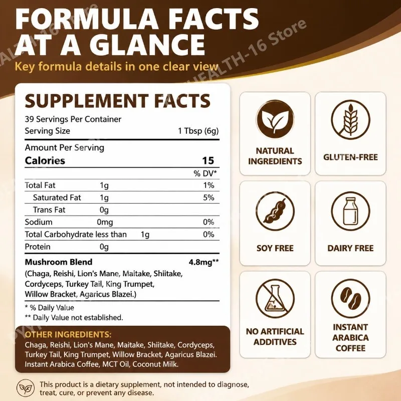 Acentiallabs 10 Mushroom Caffeine Powder with Lion's Mane, Reishi,Chaga,Cordyceps, Arabica Caffeine,Daily Wellness Support, 235g