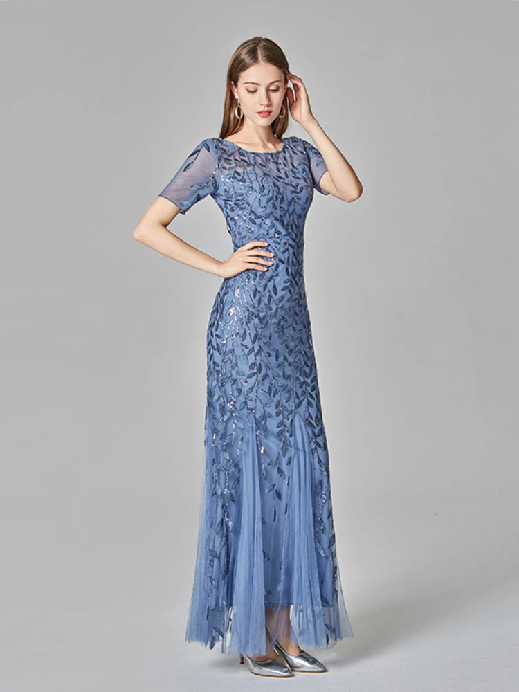 Long Dress Sequin Mesh Embroidery Female Clothing Evening Party Dresses Short Sleeve Prom Gowns Sexy Elegant Holiday Outfits